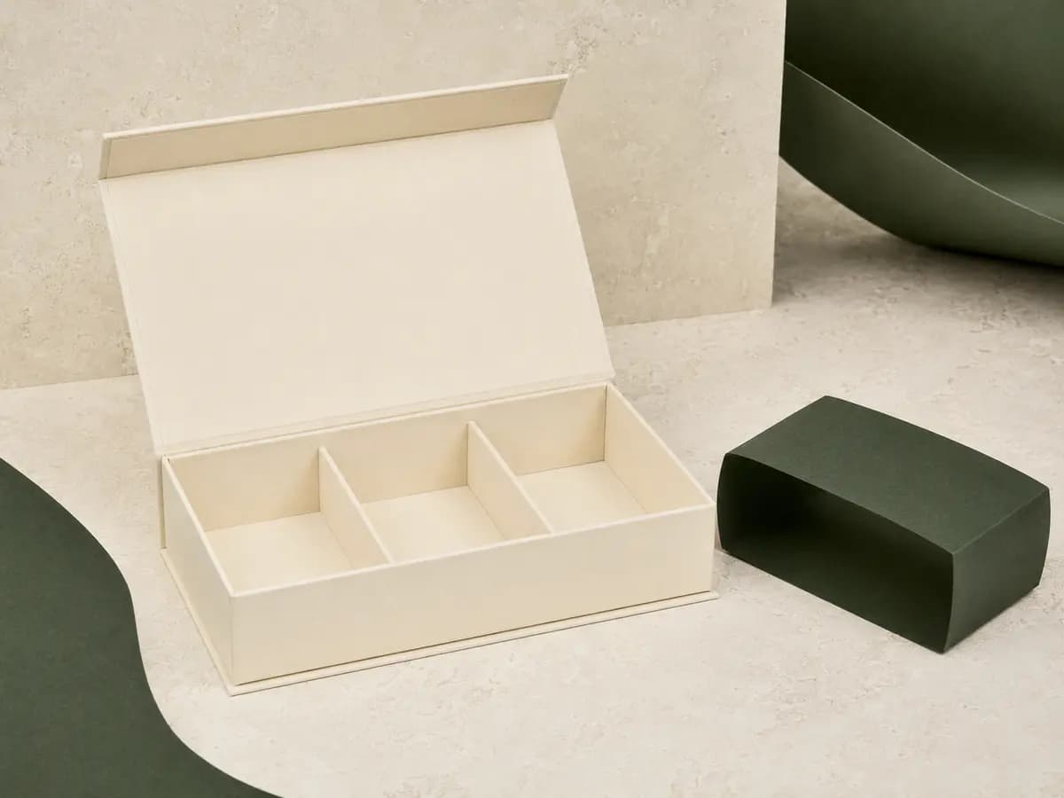 Cream plastic-free rigid gift box with paper compartments and green paper band