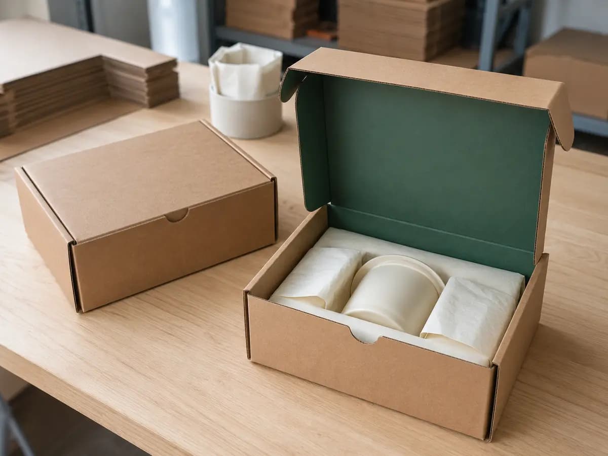 Kraft mailer with green interior used for protected candle and ceramic products