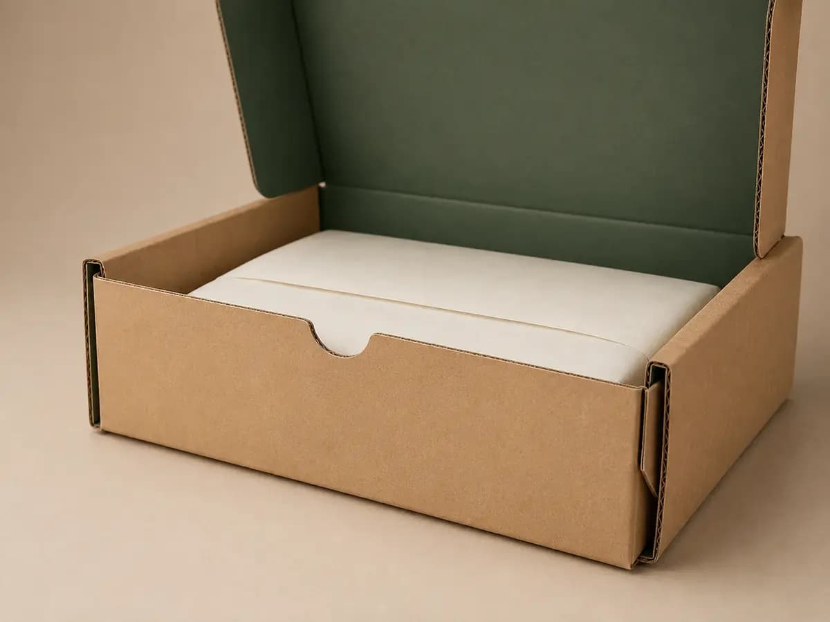 Kraft corrugated mailer with dark green printed interior and front locking tab