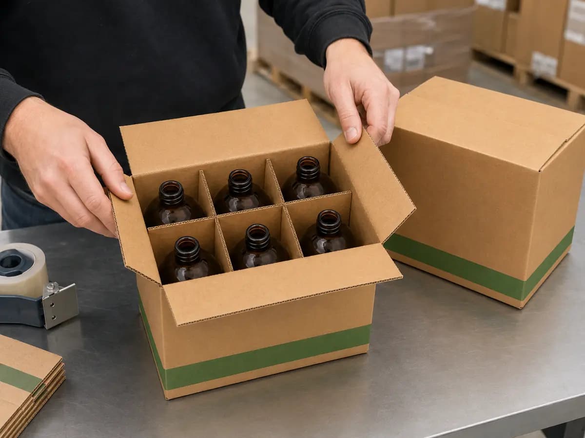 Worker packing unbranded bottles into a divided corrugated shipping carton