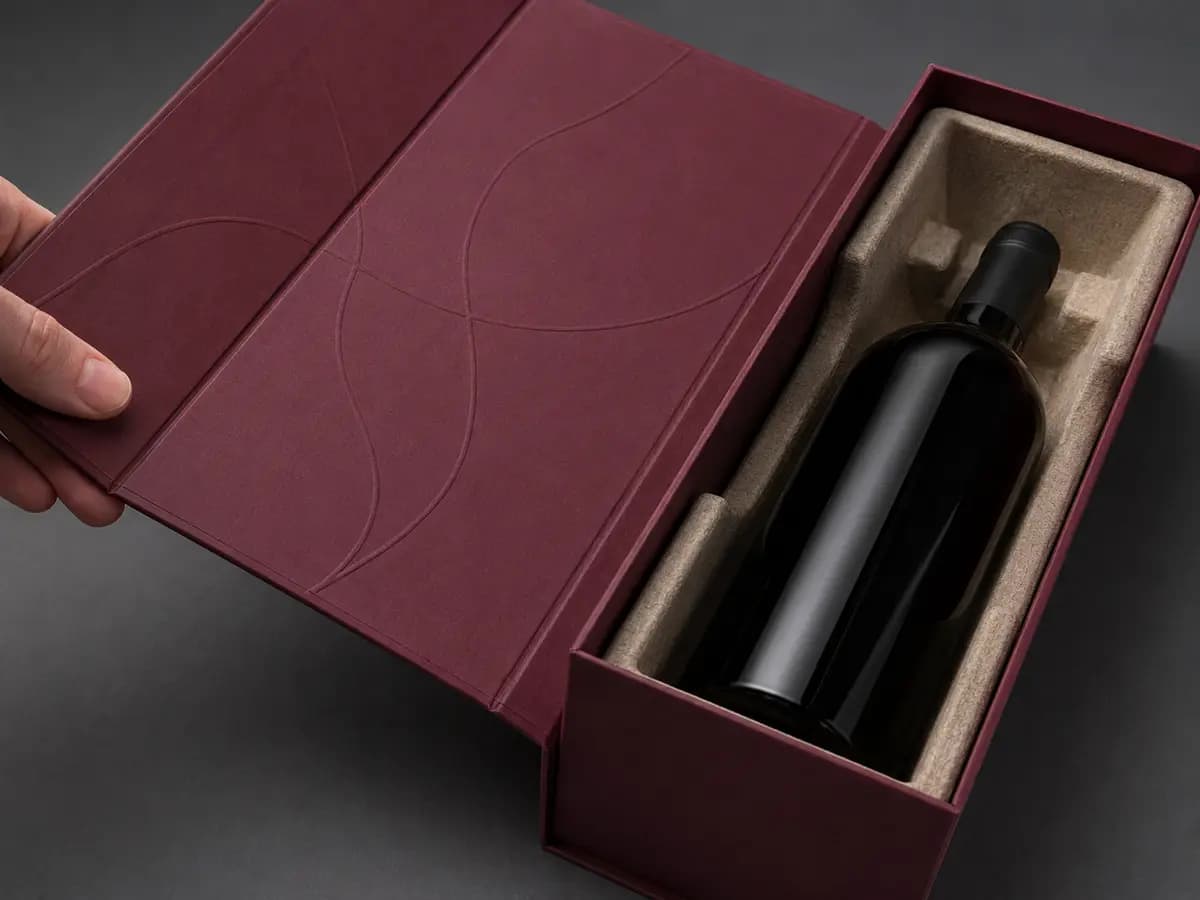 Burgundy rigid wine gift box with wrapped edges and precision lid fit