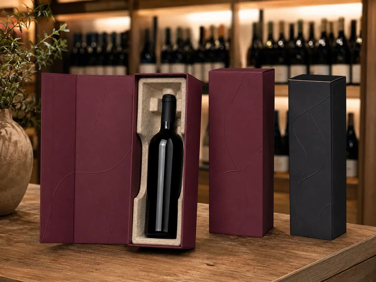Burgundy and charcoal wine gift boxes displayed in an upscale wine shop