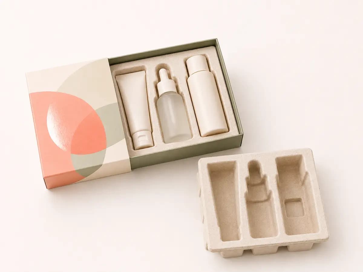 Cosmetic set packaging with removable molded pulp bottle insert