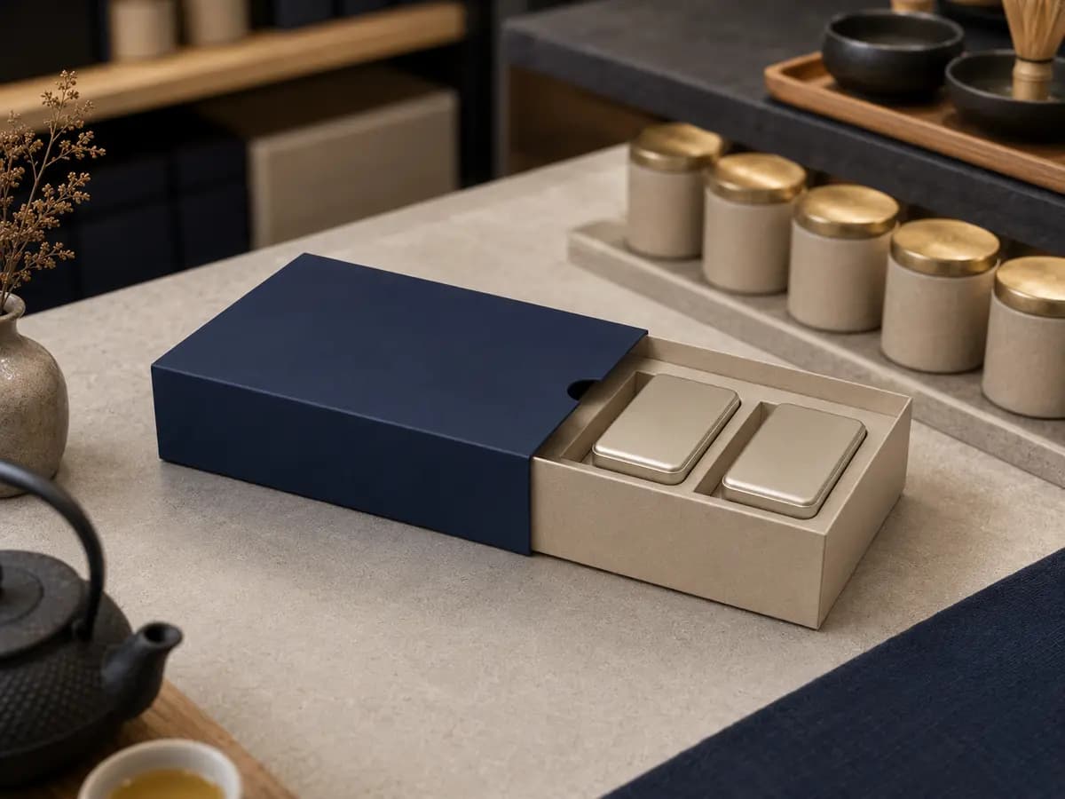 Navy slide sleeve packaging holding two unbranded tea tins