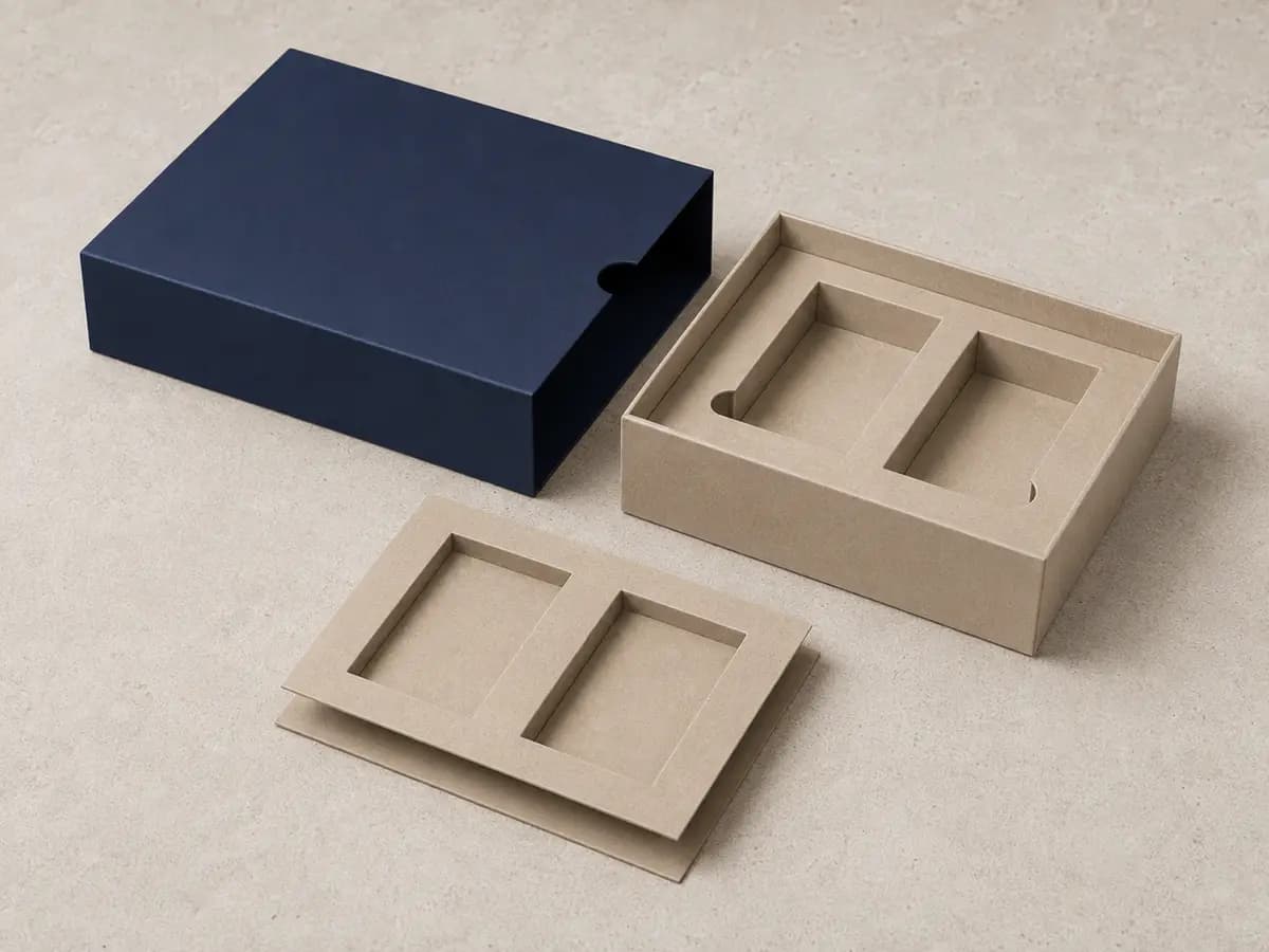 Slide sleeve box with removable two-cavity paperboard insert
