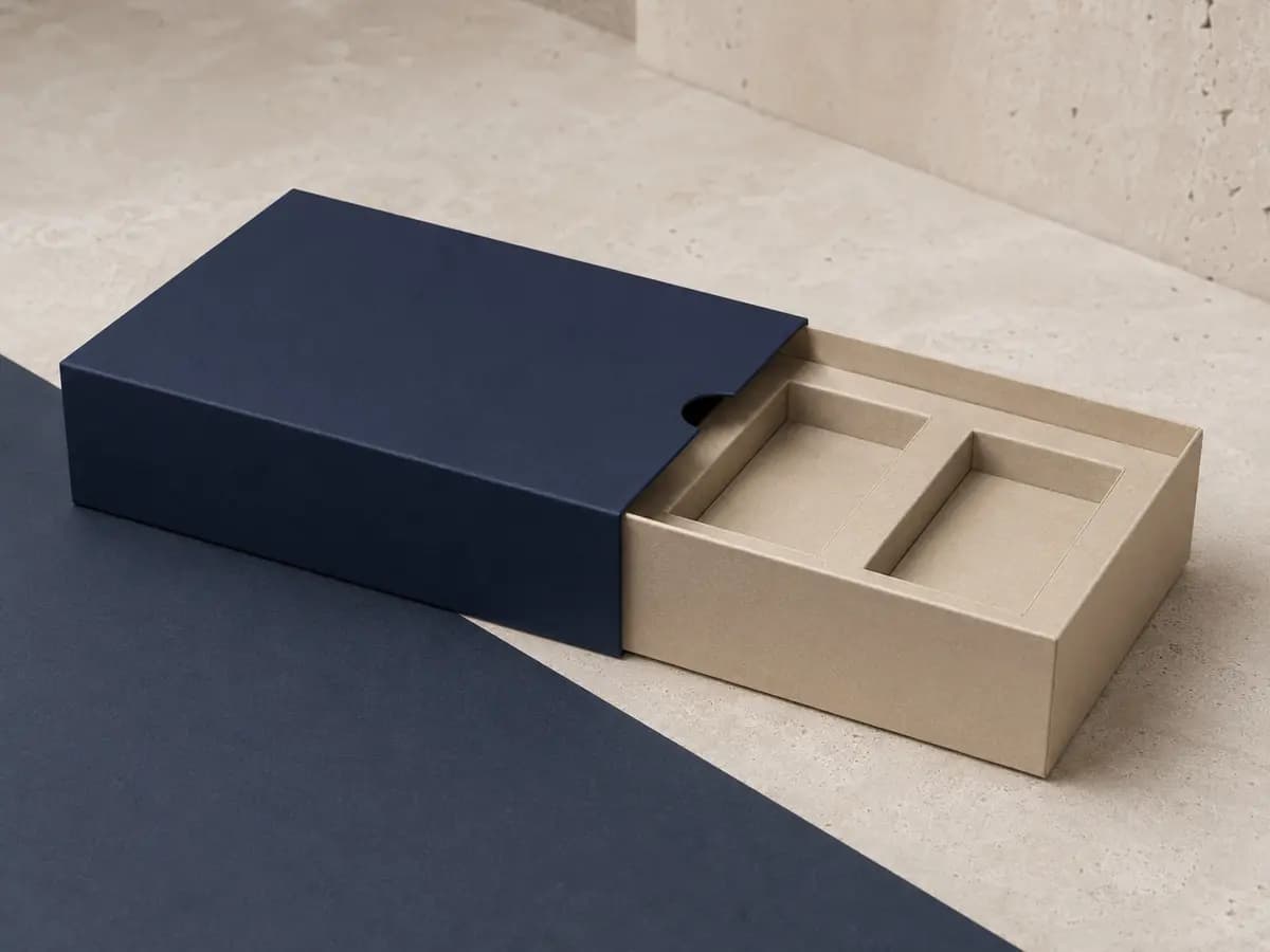 Navy slide sleeve box with sand paper tray and two-cavity insert