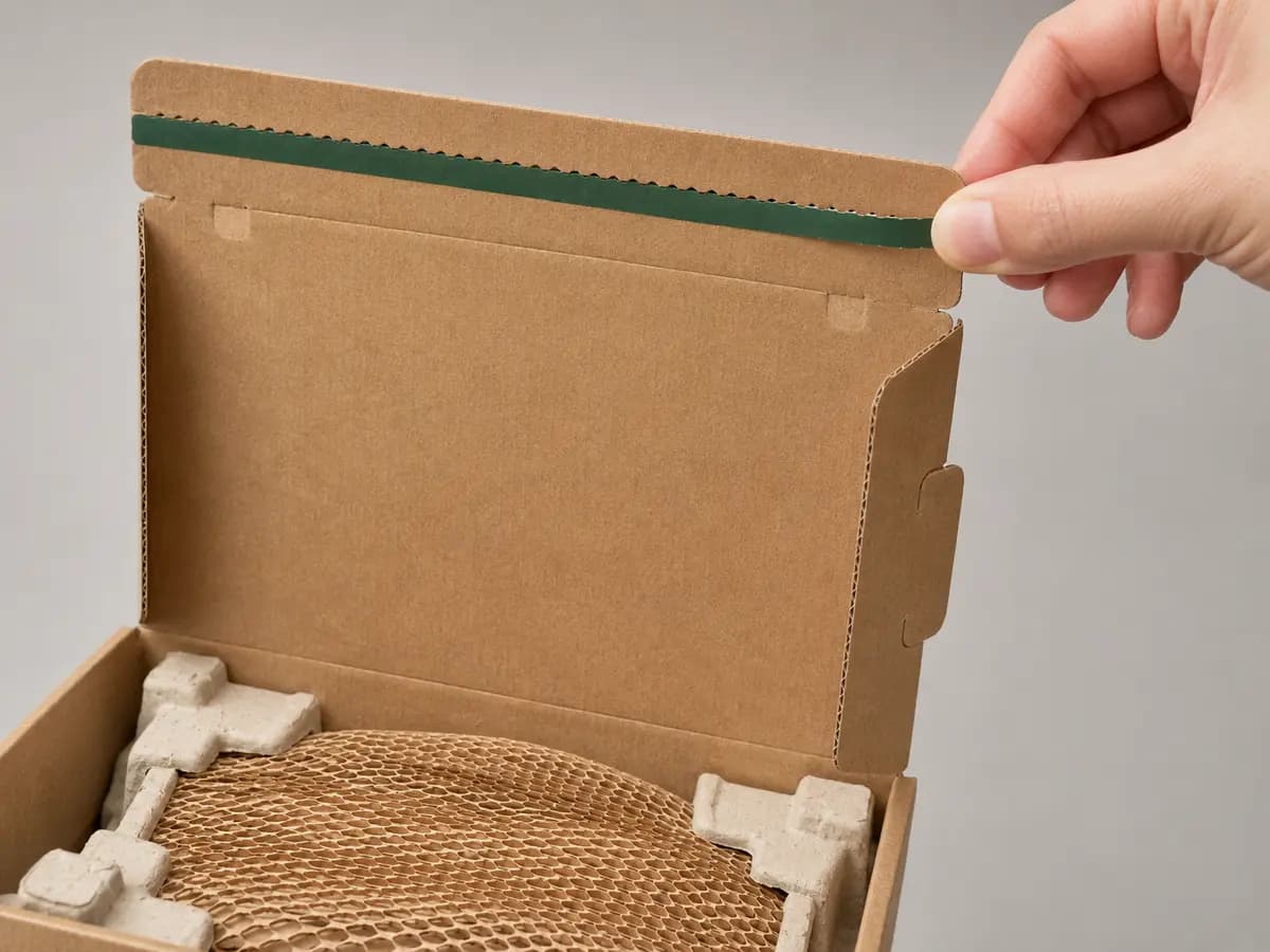 Kraft corrugated e-commerce mailer showing tear strip and clean locking tabs