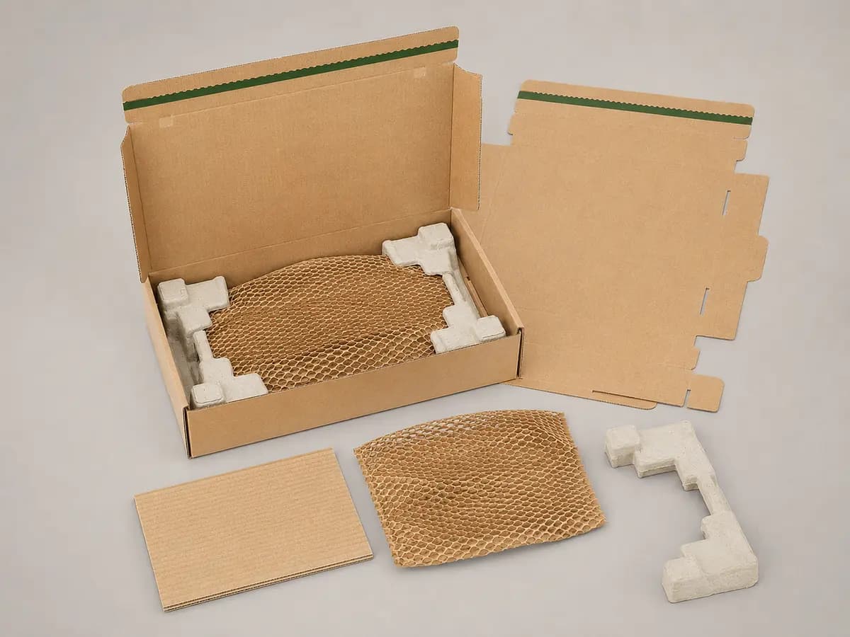 Corrugated mailer with honeycomb paper wrap and paper corner protection