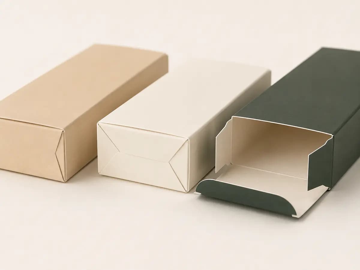 Kraft, white and green tuck-end folding cartons showing flap construction